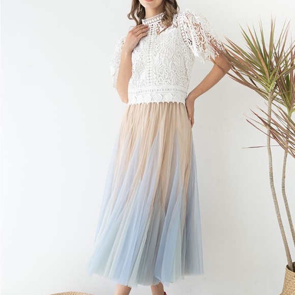 COLOR BLOCK PANELLED MESH FRILLING MAXI SKIRT IN APRICOT small/medium - Picture 9 of 16